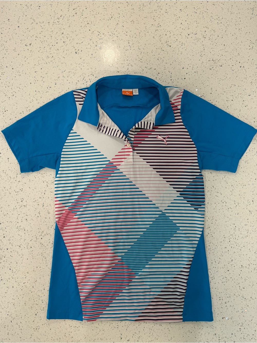 Puma Blue Multi-Stripe Geometric Golf Polo